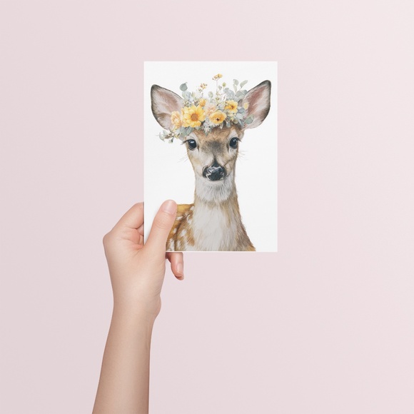 Watercolor Deer with Flower Wreath Illustration Wall Art Print Poster, Unframed - Picture 5 of 6
